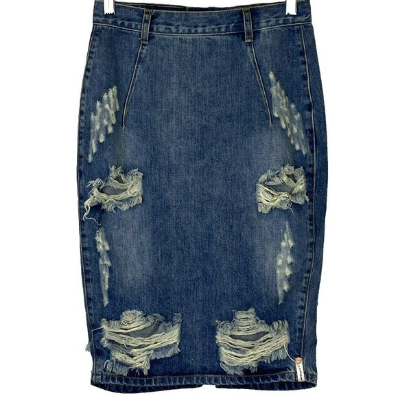 One X Oneteaspoon Skirt Women Size 27 Freelove Blue Jean Denim Distressed Pencil - Picture 1 of 5
